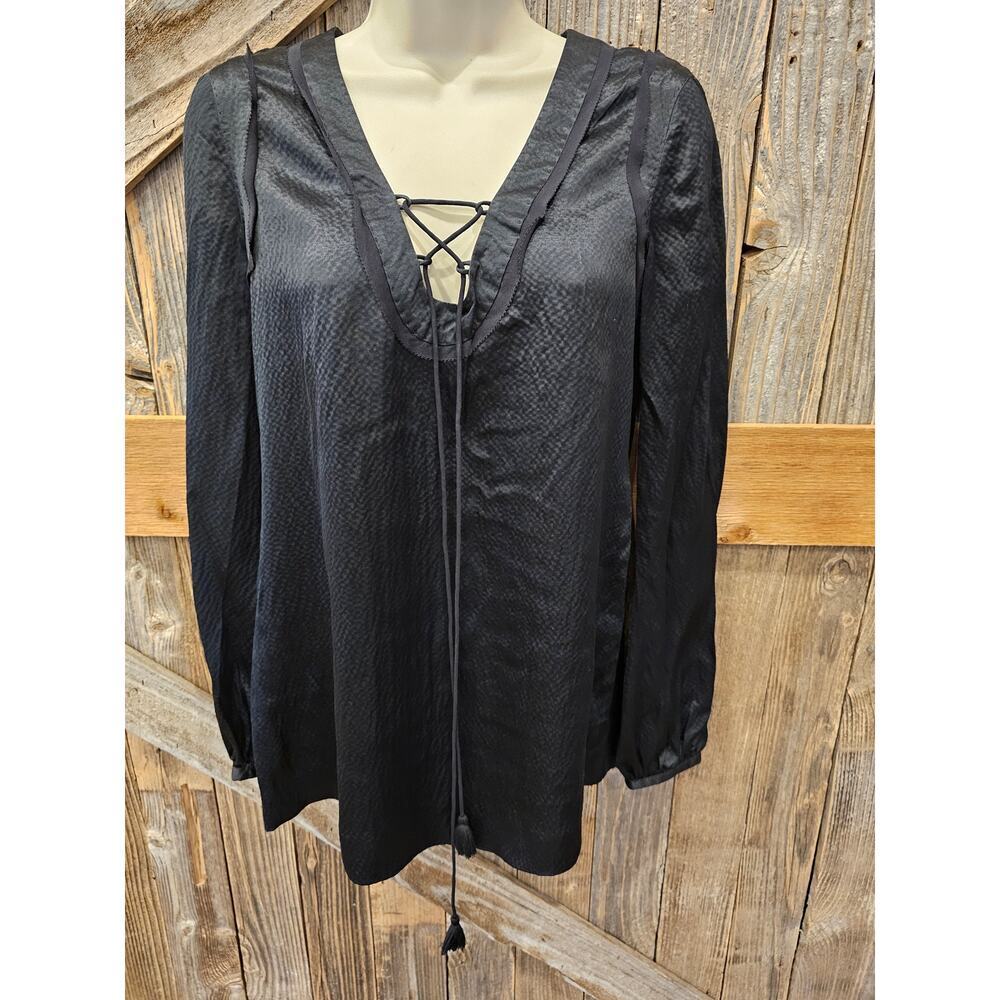 Tory Burch Black Satin Gothic Raglan Peasant Top Small